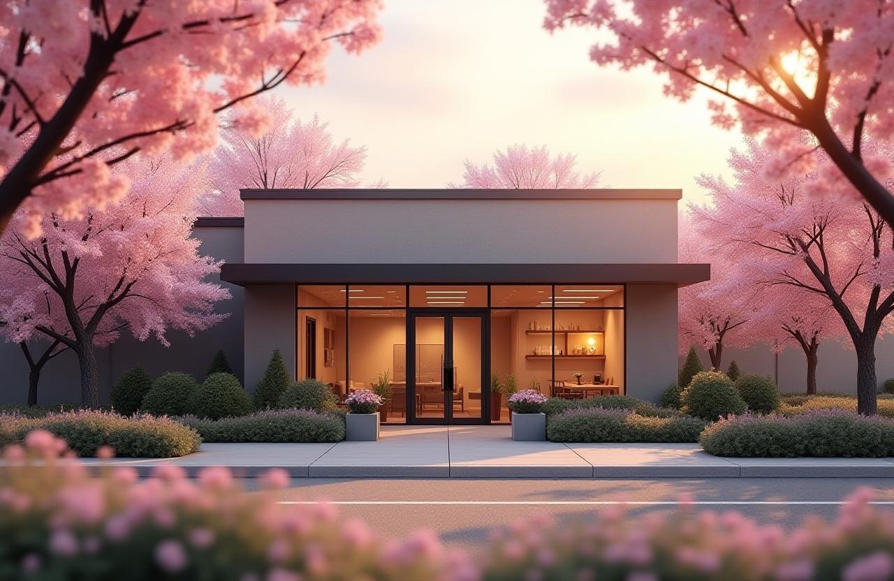 サロン外観と桜の風景